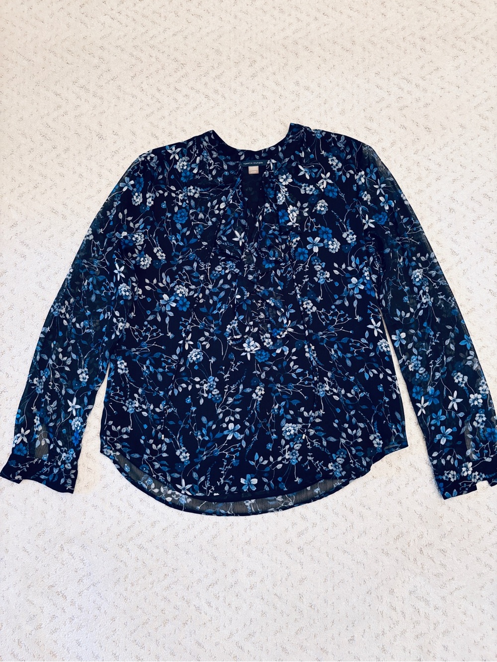 Tommy Hilfiger Dark Blue Floral Blouse Size M Long Sleeve Ruffle Neckline
